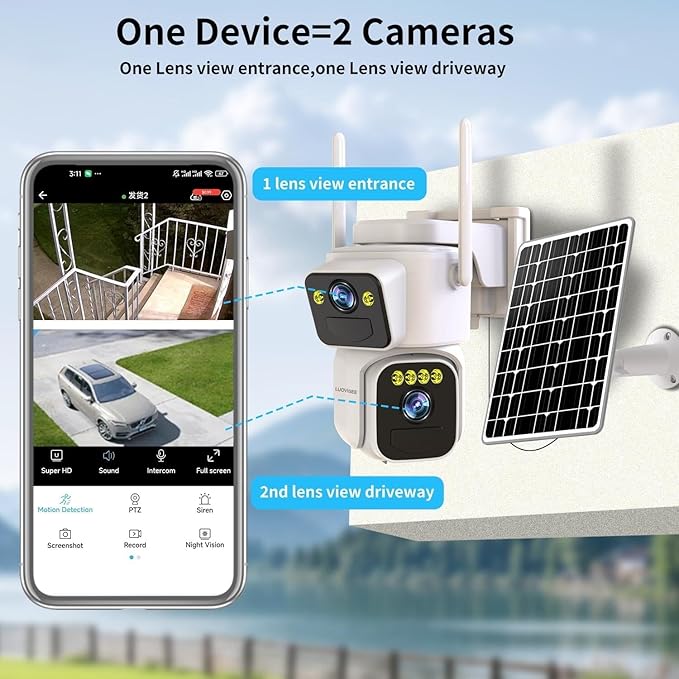 Dual Lens Outside Cameras for Home Security Cameras 4 Pack,2.4G & 5G WiFi,Solar Battery Powered Camera with AI Motion Siren,SD/Free Cloud Storage,No Monthly Fee,Color Night Vidion,Waterproof