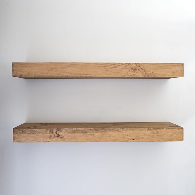 Modern Floating Shelves 3 Inches Thick for Wall, Wide Shelves for Kitchen, Living Room, Bedroom, and Bathroom, Natural Pine Wood, Rustic Wooden Shelf, (Set of 2) (Aged Oak, 36Lx3Hx8D)