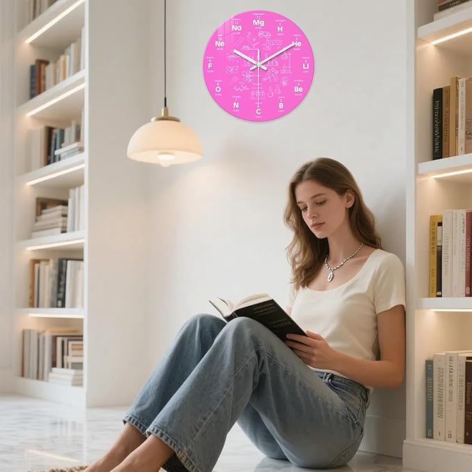 XNM Pink Chemical Clock for Girls Bedroom Wall Clocks Battery Operated Round Glass Analog Science 12 Inch Silent Wall Clock