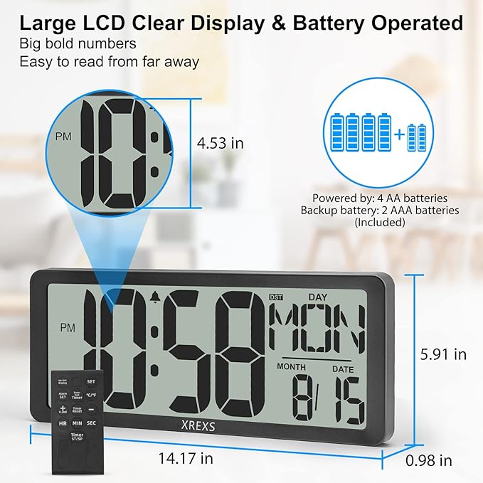 XREXS 14.17 Inch Digital Wall Clock with Remote (Battery Operated)- Backlight(Not Constantly Illuminated) | Count Down Timer | Displays Temp, Date & Week | Ideal for Home, Office, Classroom
