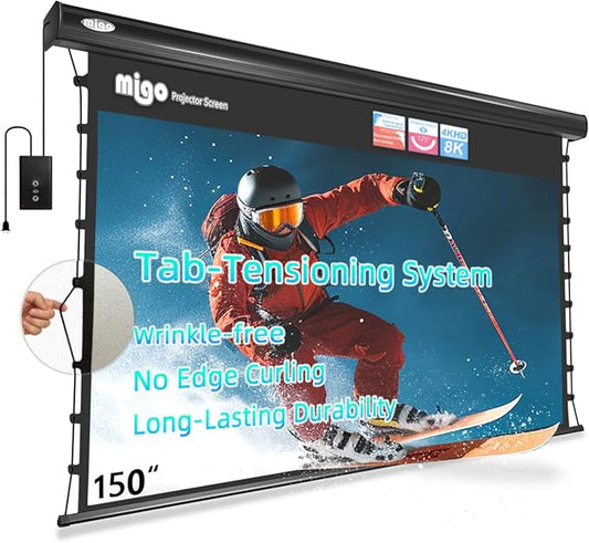Migo 150 inch pull down projector screen, Grey Crystal Material 2.0 Gain 4K Ultra HD Projector Screen Ceiling Mount with remote for Ultra Short Throw Projector Movie Home Theater Cinema(Black Housing)