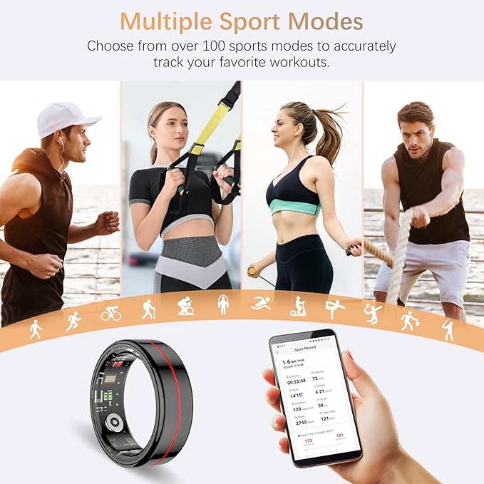 Fit Ring, Smart Health Rings for Women Men with Heart Rate,Blood Oxygen,HRV,Stress Level, Sleep Monitor, Step Tracker, No Subscription Fee, IP68 Waterproof Smart Ring for iphone &Android (Black, 13#)