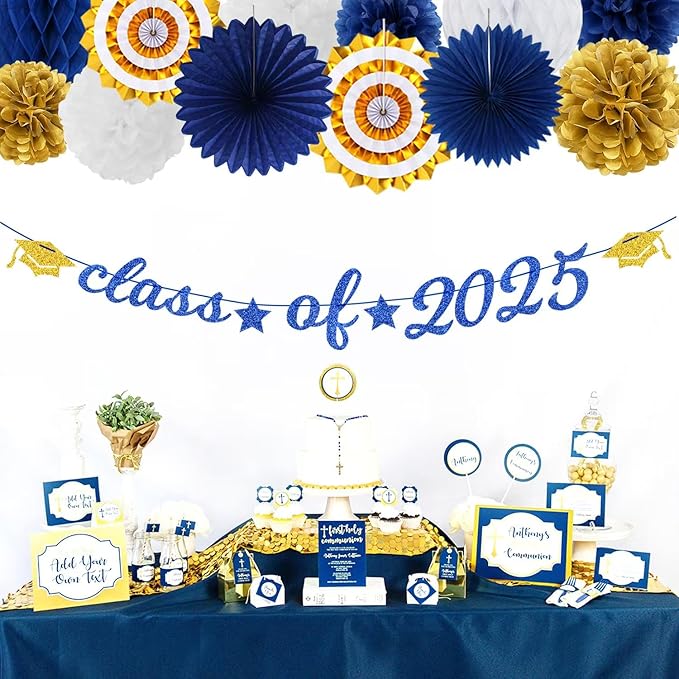 Navy-Blue Gold-White Party-Decoration Graduation Banner - 14pcs Kits Cap Garland Streamers, Royal Paper Tissue Pom Poms Flowers Fans Honeycomb,Class Of 2025 College High School Grad Decor Hugfond