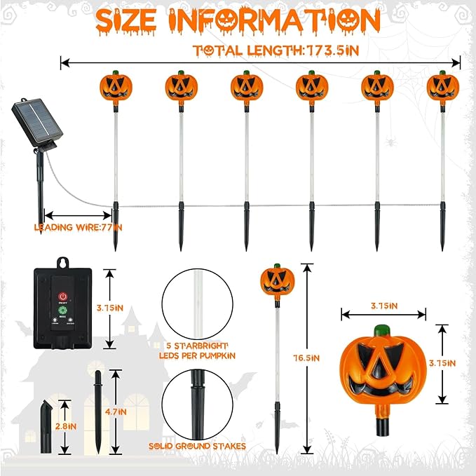12 Pack Solar Pumpkin Lights for Halloween Decorations Outdoor, Waterproof Halloween Pathway Lights with 8 Modes, Orange Purple and Green Halloween Walkway Stake Lights for Yard Garden Party Decor