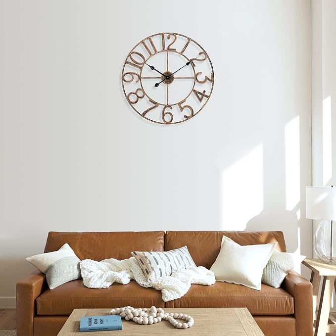 BEW Large Wall Clocks for Living Room Decor, Silent Analog Battery Operated Wall Clock, 24 Inch Bronze Rustic Farmhouse Metal Wall Clock for Indoor, Outdoor