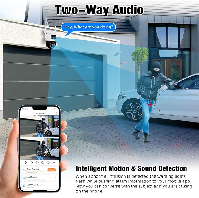 Fuers 6MP Wireless Security Camera, Surveillance Cameras Dual Lens Linkage,360°View,Human Detection,Auto Tracking,Light Alarm,Night Vision,Two-Way Audio,Outdoor Indoor IP66 WiFi Camera