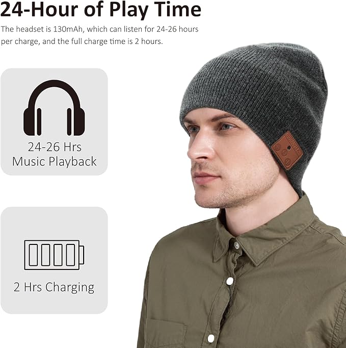 Merino Bluetooth Beanie, Bluetooth 5.2 Wool Hat HD Stereo,30 Hours Play time,Built-in Microphone, Men's/Women's Christmas Electronic Gift (Charcoal)