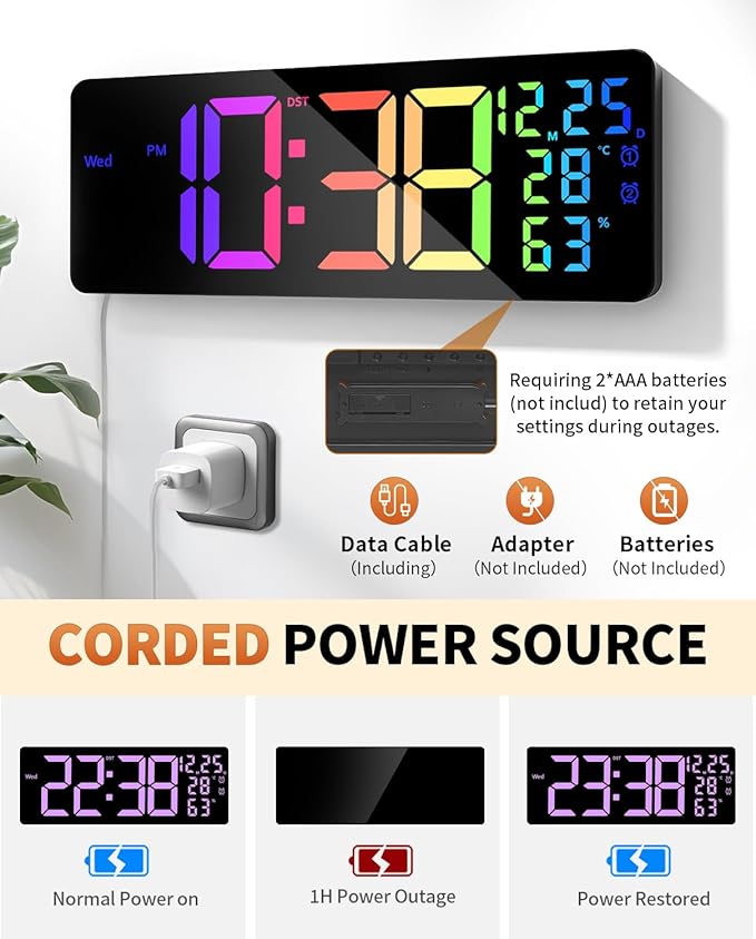 17.2" Large Digital Wall Mount Clock, Count Down Timer, Alarm, Big LED, 11 RGB Color, Temperature for Living Room Classroom Desk, Xmas, Birthday Gift for Senior Mom Dad (Rectangle)