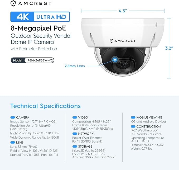 Amcrest 4K 8CH Security Camera System w/ 4K (8MP) NVR, (4) x 8-Megapixel IP67 Weatherproof Metal Dome POE IP Cameras (3840x2160),Pre-Installed 2TB Hard Drive, NV4108E-HS-IP8M-2493EW4-2TB (White)