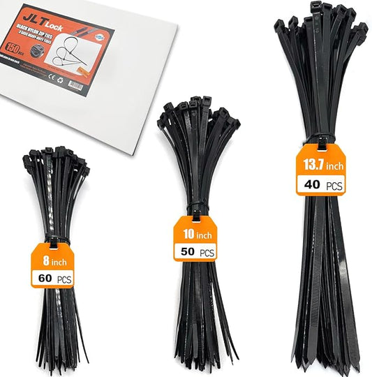 150 Pcs Heavy Duty Wire Ties,3 Sizes 8/10/13.7 Inch Black Nylon Electrical Zip Tie,65 lbs-100lbs Cable Ties Tensile Strength for Indoor&Outdoor Electrical Wiring,Industrial Use,Gardening,Weatherproof