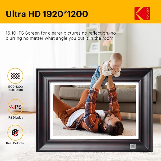 KODAK WiFi Digital Picture Frame, 1920 x 1200 HD Touchscreen Digital Photo Frame, 10.1 Inches Intelligent Electronic Picture Frame with 32 GB,Auto-Rotate, Share Moments Instantly Gifts(Wood Frame)