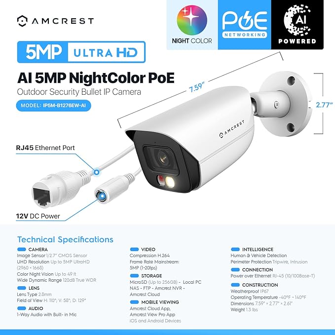 Amcrest 5MP IP PoE AI Camera w/ 49ft Color Night Vision, Security Outdoor Bullet Camera, Built-in Microphone, Human & Vehicle Detection, Active Deterrent, 129° FOV, 5MP@20fps IP5M-B1276EW-AI (White)