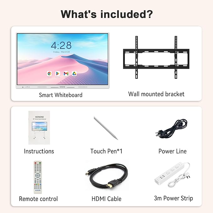 Interactive Smart Board for Classroom, 55” 8+128 GB Electronic Digital Whiteboard Built-in Google EDLA-Certified Android 14 OS - 4K Touchscreen Smartboard for Home Office School Studio Display