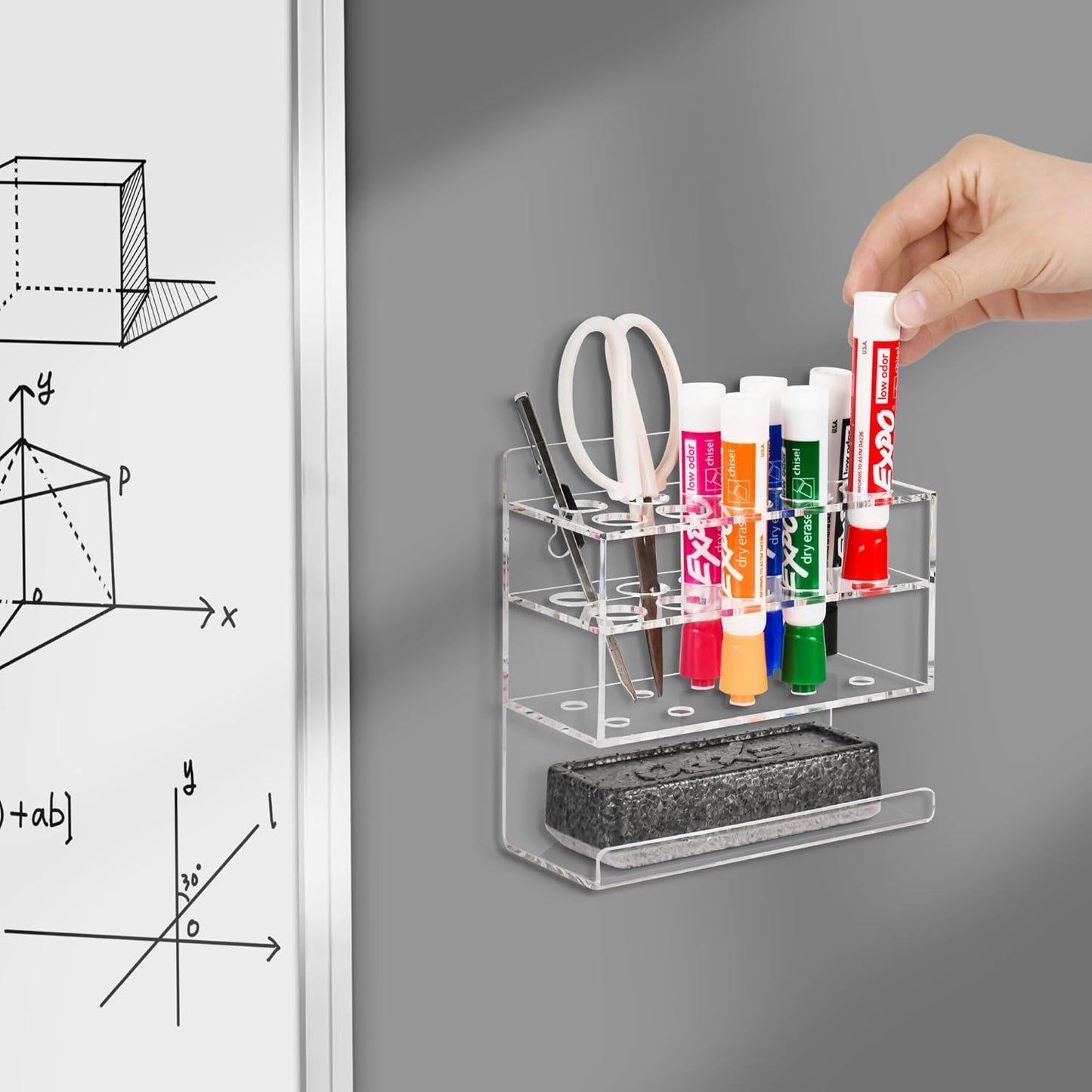 Dry Erase Marker Holder, Wall Mounted Acrylic Marker Holder with 10 Slots, Sticky Pen Storage for Classroom Organization, Whiteboard, Office, Clear