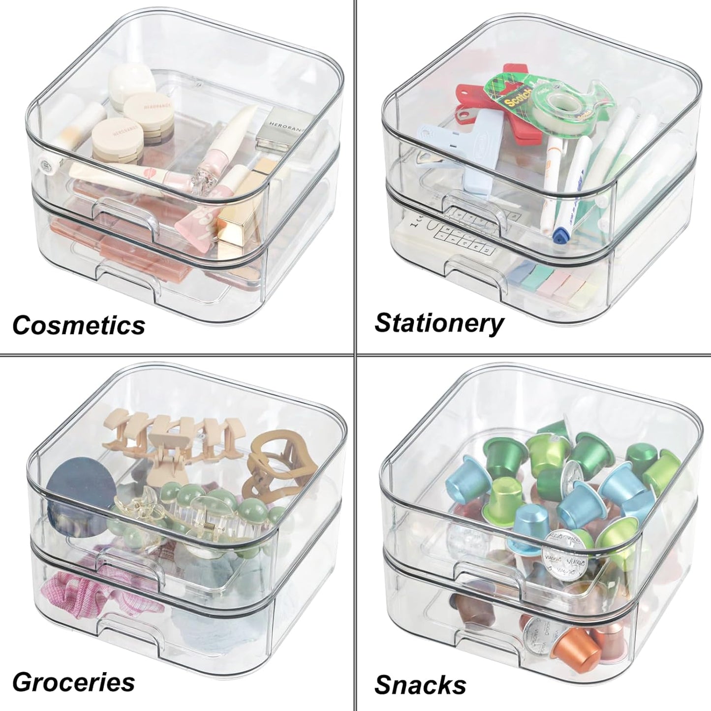 Set of 2 Stackable Storage Drawers - 7.8" Clear Plastic Drawer Storage, Acrylic Makeup Organizer, Desk Counter Cabinet Office Organizer, Bathroom Organizers and Storage (Square/Set of 2)