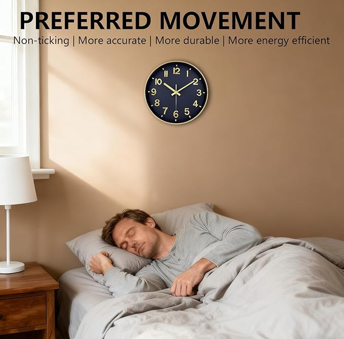 Wall Clocks Battery Operated, 12Inch Non Ticking Digital Wall Clock, Silent Analog Clock for Bedroom Living Room Kitchen Office Hotel Decor, Navy Blue Large Number Clocks for Seniors Elderly