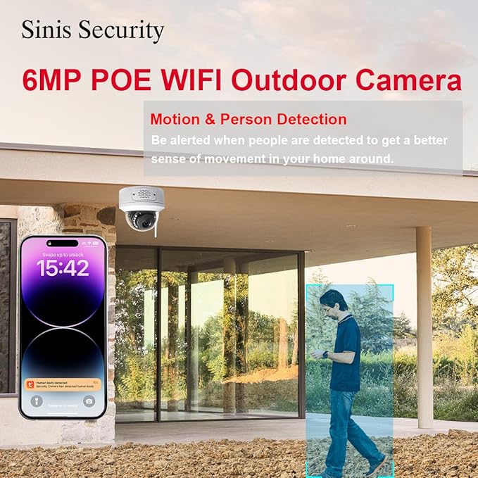 Sinis 6mp Security Camera Outdoor, 3K POE IP Dome Camera, Dual-Band 2.4/5GHz WiFi, Human Motion Detection, Two Way Talk, IR Night Vision, Waterproof, Cloud & Local Storage, Non-PT