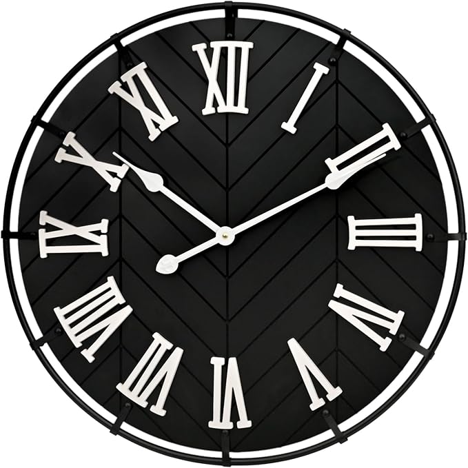 EMAX Large Wooden Wall Clock – Extra Large FarmhouseWall Clock with 3D Roman Numerals & Herringbone Splicing, Black Modern Wood Wall Clock for Living Room