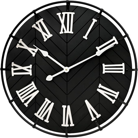 EMAX Large Wooden Wall Clock – Extra Large FarmhouseWall Clock with 3D Roman Numerals & Herringbone Splicing, Black Modern Wood Wall Clock for Living Room
