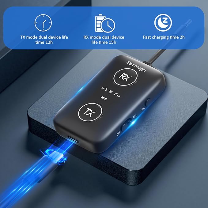 2025 Upgraded Airplane Bluetooth 5.4 Transmitter with Qualcomm Chipset, ElecMoga Airplane Travel Essentials Supports 2 AirPods or Headphones, 2-in-1 AUX Wireless Receiver for Gym, TV, Car, Audio