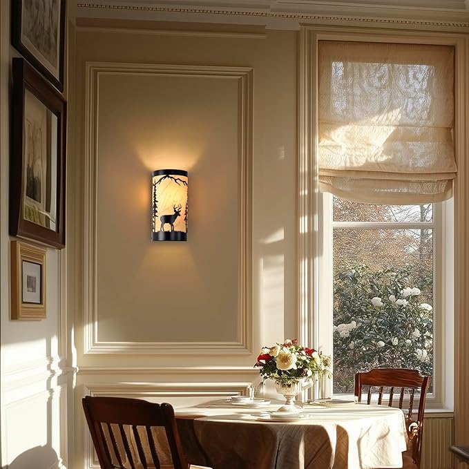 Wall Sconce Light,Deer Metal Yellow Parchment Farmhouse Wall Sconce,Rustic E26 Base Wall Mount Lamp,Vintage Matte Black Bedroom Wall Lights,Indoor Wall Lamps for Living Room,Hallway,Porch