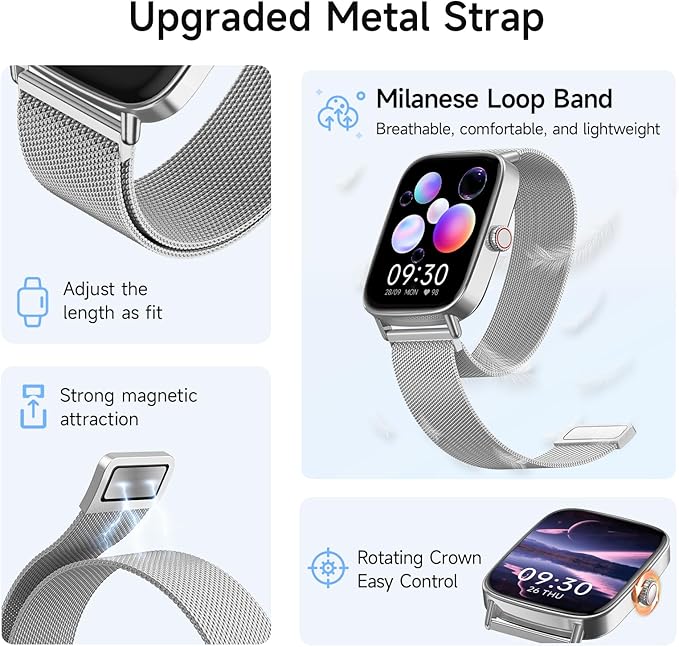 Smart Watch for Men Women, 1.85" HD Smartwatch Compatible iPhone/Samsung/Android (Answer/Make Calls), 100+ Sport Modes Fitness Tracker with Heart Rate/Sleep/SpO2 Monitor, IP68 Waterproof, Metal Band