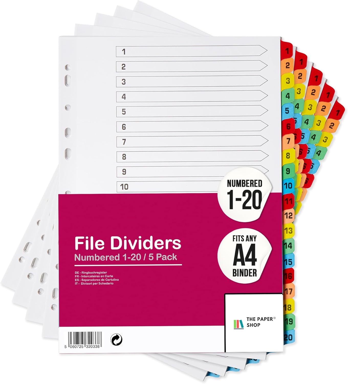 Binder Dividers with Tabs 1-20 Numbered â A4 (5 Pack) | Dividers for 3 Ring Binder | Numbered Tab Dividers for Office, School & Home Organization - The Paper Shop