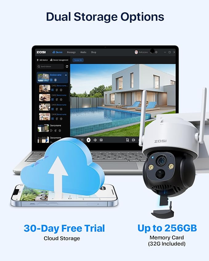 ZOSI C291 2 x 2.5K 4MP Wireless Battery Security Camera Outdoor, Solar Powered Pan/Tilt Camera, 360 View, PIR Human Detect, Color Night Vision, 2-Way Talk, Light Siren Alarm, 32GB Memory Card