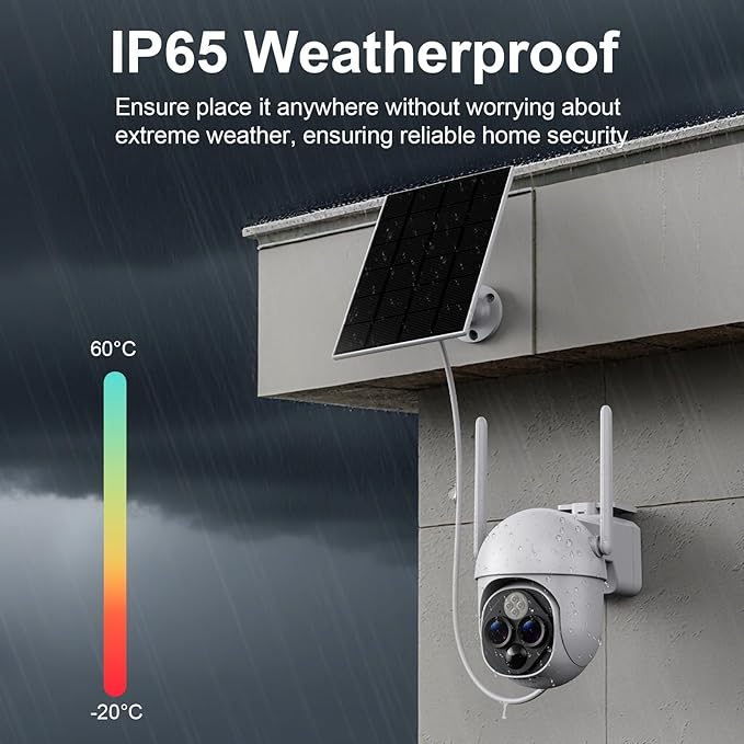 Dual-Lens Solar Security Cameras Wireless Outdoor, 360° View 10X Zoom WiFi Cameras for Home Security with PIR Detection, 2-Way Audio, IP65 Waterproof Spotlight Siren Alarm, SD/Cloud Storage