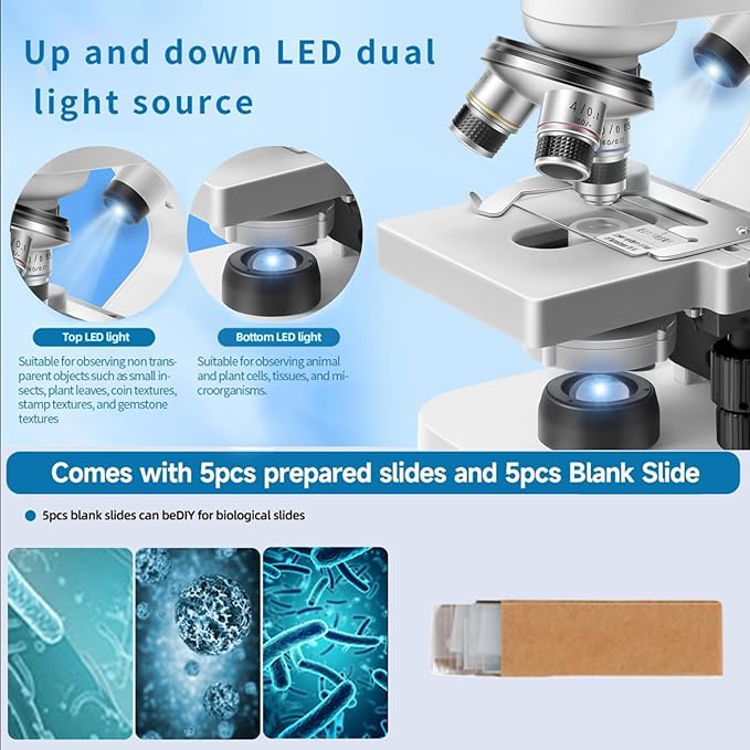 Trinocular Microscope 40x-2000x Magnification Double-Layer Stage with LED Lights on top and Bottom, Thick and Thin Dual Focusing knobs, Professional Biological Microscope (WiFi Electronic Eyepiece)