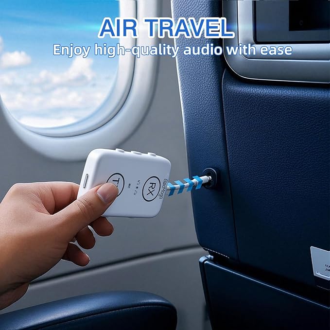 2026 Upgraded Airplane Bluetooth 5.4 Adapter with aptX Adaptive, ElecMoga Airplane Travel Essentials Supports 2 AirPods or Headphones, 2-in-1 AUX Wireless Transmitter Receiver for Gym, TV, Car, White