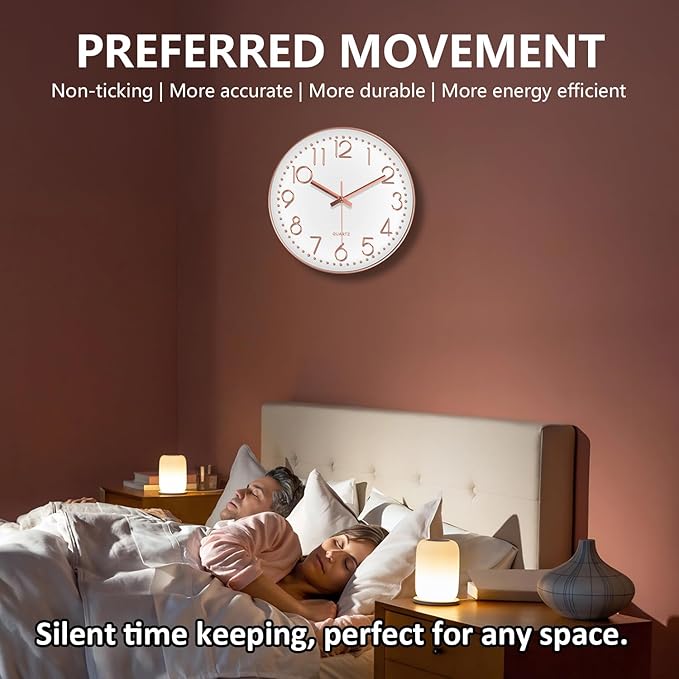 Wall Clock, Silent Wall Clocks Battery Operated 10 Inch- Modern Non Ticking Analog Clock with Large Numerals Tempered Glass Clocks for Bedroom, Living Room, Kitchen, Office Decor, Rose Gold