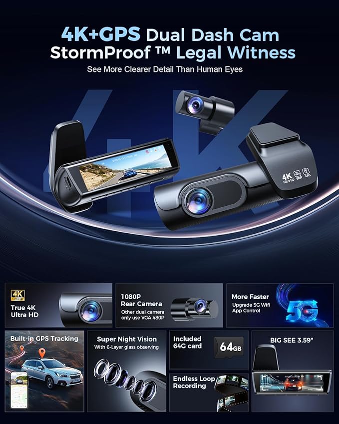 K600 4k Dash Cam Front and Rear, 3.59" IPS Screen, Built-in GPS 5G WiFi Dash Camera for Cars with App, UHD 2160P Night Vision Free 64G SD Card, 170° Wide Angle, HDR, 24H Parking Mode