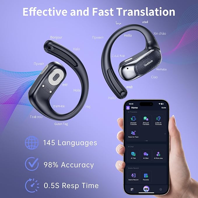 AI Translation Earbuds Real Time, 145 Language Translator Earbuds, Open-Ear Bluetooth 5.4, No Subscription, 60H, USB-C Fast Charge, Translation Headphones for Business Travel Learning (Midnight Blue)