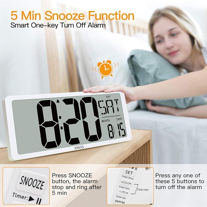 XREXS Large Digital Wall Clock with Backlight, 16.9 Inch Jumbo LCD Screen with Time/Calendar/Temperature Display, Alarm Clocks for Bedroom Home Decor, Count Up & Down Timer (Batteries Included)