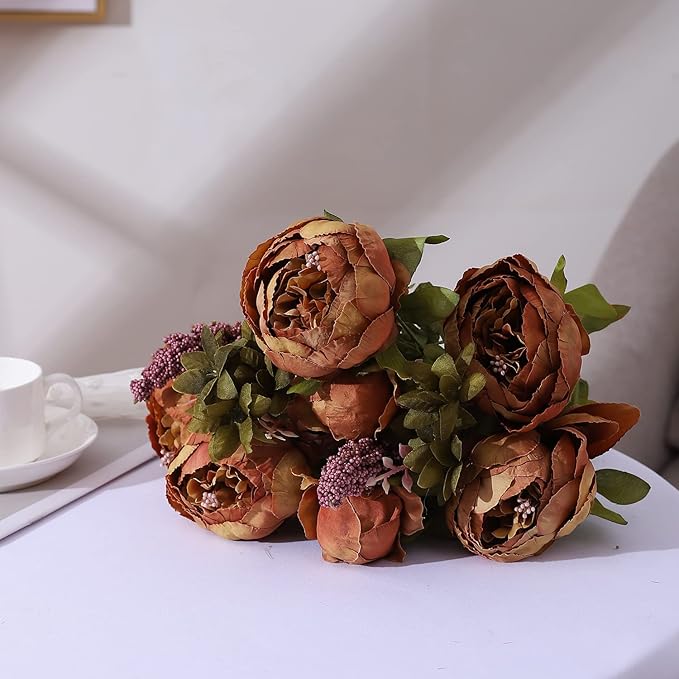 Duovlo Fake Flowers Vintage Artificial Peony Silk Flowers Wedding Home Decoration,Pack of 1 (Coffee)