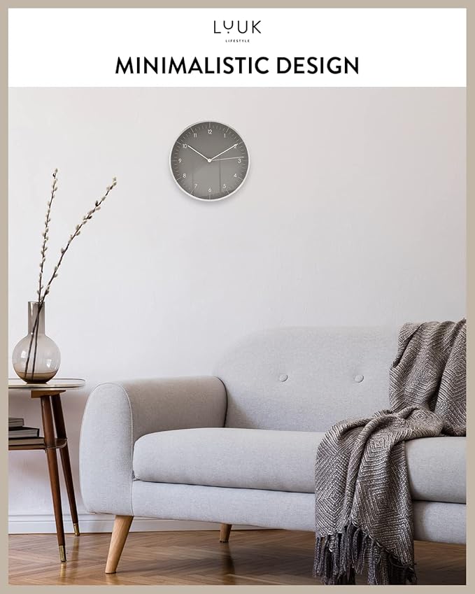 LUUK LIFESTYLE Wall Clock with Silent Movement, Minimalist Scandinavian Design, Gift for Moving-in, Arabic Numerals Easy to Read, Dark Grey and Silver