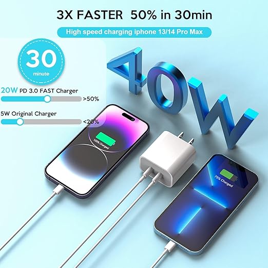 iPhone Charger 40W, USB C Charger,Dual Port 20W Type C Fast Charging Block,2-Pack 6ft MFi Certified USB-C to Lightning Cable for iPhone 14/13/12/12 Pro/12 Pro Max/11/11 Pro/11 Pro Max/XR/XS/X/8,iPad