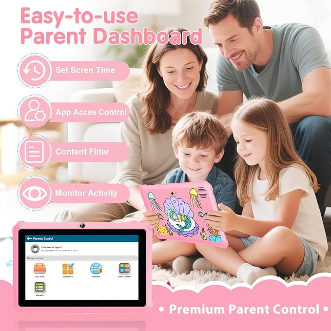 YINOCHE Kids Tablet for Kids 3-7 7'' Andoird Toddler Tablet for Toddlers with Case 32G Kids Tablets with Parental Controls WiFi Dual Camera GMS Certified Learning Toddler Toys for Girls (Pink1)