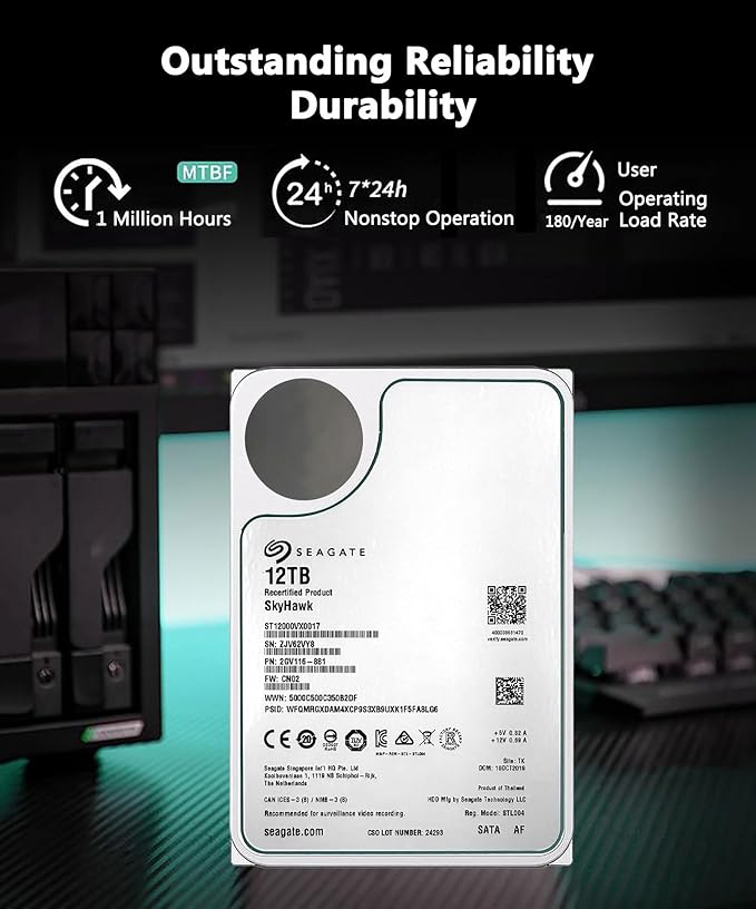 Seagate Skyhawk 12TB Video Internal Hard Drive HDD-3.5 Inch SATA 6Gb/s 7200PRM 256MB Cache for DVR NVR Security Camera System with Rescue Services (ST12000VX0017/0007) (Renewed)