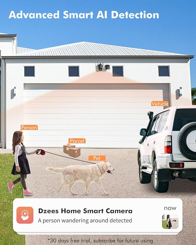 Dzees Solar Security Cameras Wireless Outdoor, 2K Battery Powered Security Camera, 360° PTZ Camera with Spotlight, Siren, Color Night Vision, AI Dectection, IP66 for Home Security, 2.4GHz 2-Pack