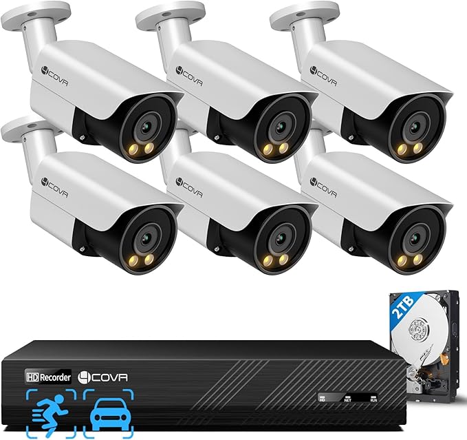 4COVR PoE Security Camera System, 2 Way Audio Talk & Smart Color Night Vision, 6X 8MP Bullet PoE IP Camera IP67 Smart Human/Vehicle Detection, 8CH 4K NVR 2TB HDD, 24/7 Recording, LY37YX8M0806