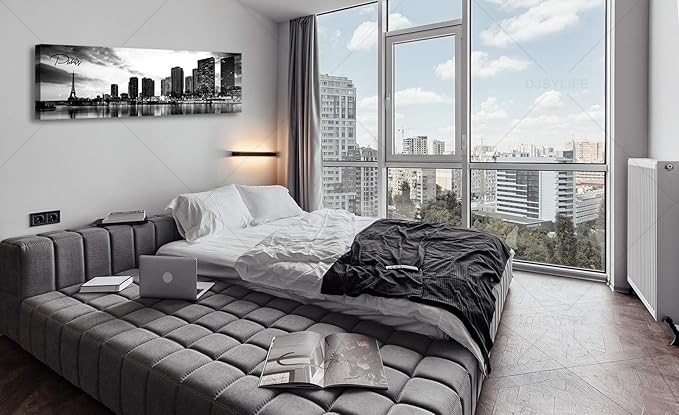 DJSYLIFE Paris Eiffel Tower Skyline Wall Art Black and White Modern City Night View Panoramic Cityscape Picture Paintings Canvas Prints Office Room Home Decoration Artwork Framed 13.8"X47.3"