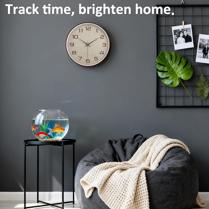 Woodgrain Wall Clocks Battery Operated 12 Inch with Linen Texture Face, Large Number Silent Digital Wall Clock, Non Ticking Analog Clock for Bedroom Living Room Bathroom Kitchen Office,Brown