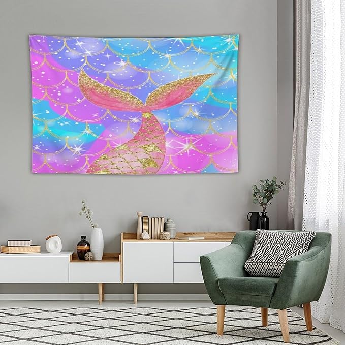 HZOHNAGO Mermaid Scales Tapestry Colorful Shiny Scales Mermaid Tail Pattern Printed Wall Tapestry Wall Hanging for Bedroom Living Room Dorm 60" W x 40" H