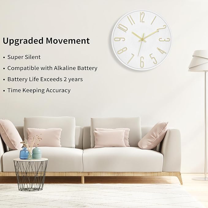 Foxtop Wall Clock 12 Inch Silent Non Ticking Battery Operated Round Wall Clock Modern Simple Style Clocks Decorative for Home Office Bedroom Kitchen School (White)