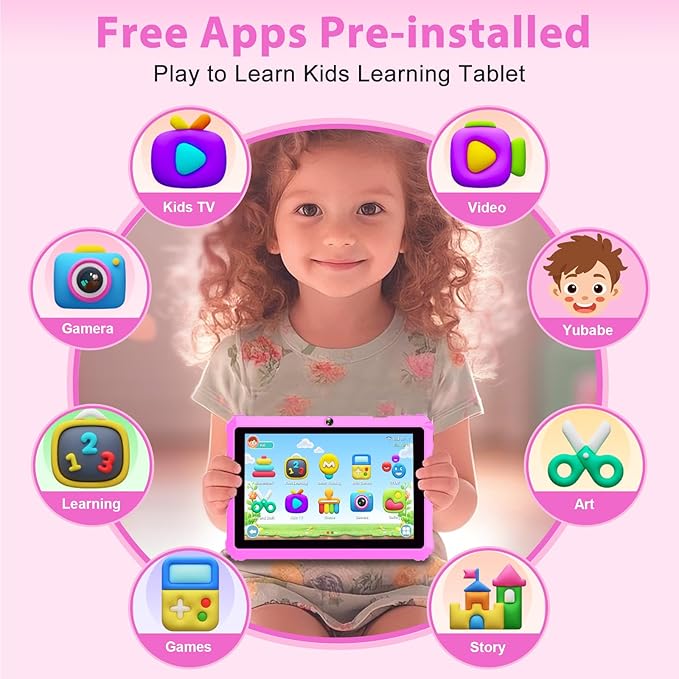 Kids Tablet 7 inch Toddler Tablet for Kids 3-7 32GB Android Tablets for Toddlers with Case WiFi Parental Control Dual Camera GMS Certified Toddler Learning Tablets Chritmas Gifts for Children (Pink)