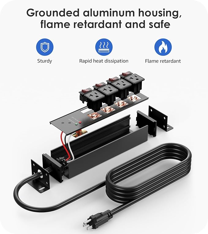 CCCEI Heavy Duty Surge Protector Power Strip 20 Amp Individual Switches. 6FT 12 Gauge Extension Cord with Multiple Outlets. Kitchen, Garage, Shop, Industrial Wall Mount Electric Extender, Black.