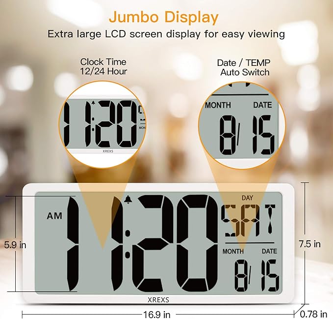 XREXS Large Digital Wall Clock with Backlight, 16.9 Inch Jumbo LCD Screen with Time/Calendar/Temperature Display, Alarm Clocks for Bedroom Home Decor, Count Up & Down Timer (Batteries Included)