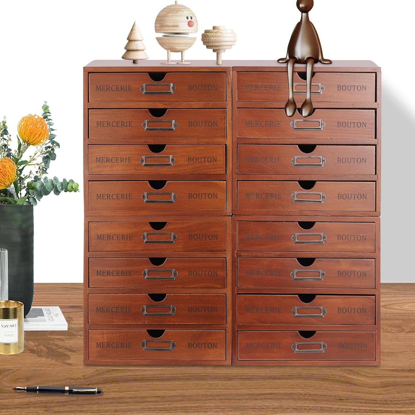 Vintage Drawer Wooden Drawers Organizer, 16-Drawer Desktop Organizer With Drawers, Iron Label Holders, Brown, For Store Cosmetics, Files, Books, Letters, Papers, Magazines